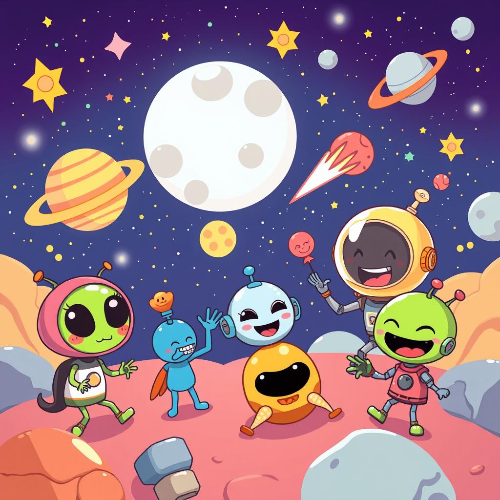 A whimsical and colorful vector-style cartoon scene set in outer space, featuring playful characters like cartoon aliens and robots engaging in humorous activities