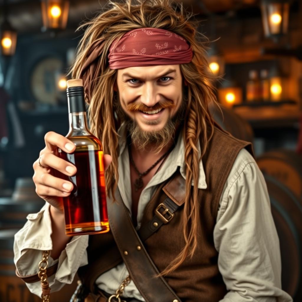 A rugged pirate holding a bottle of rum next to his face, showcasing a mischievous grin