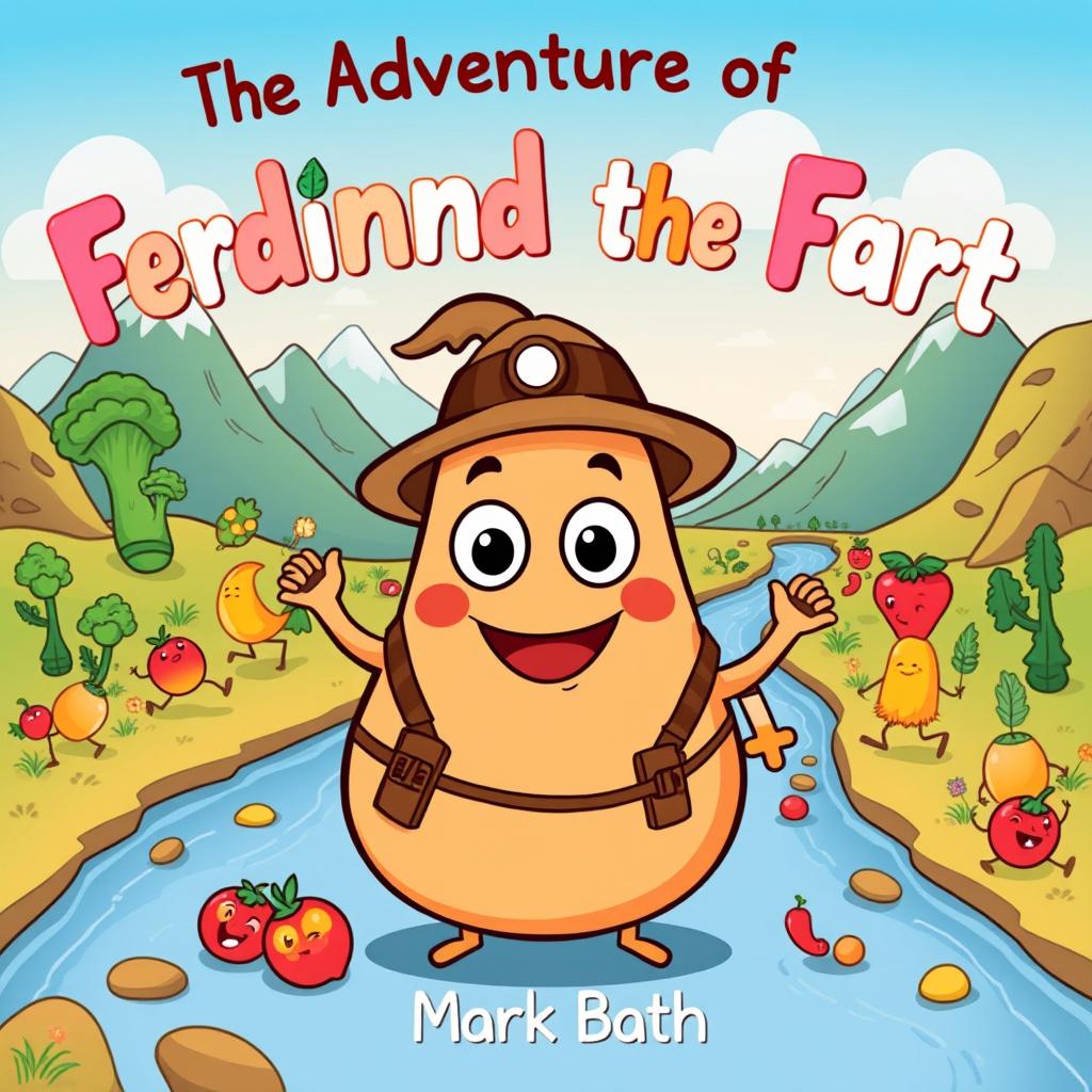 A whimsical illustration depicting a cheerful fart character with big, expressive eyes and a wide smile, styled in cute explorer gear