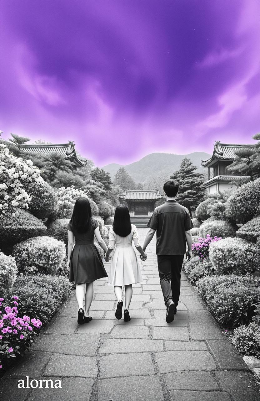 A captivating book cover featuring two girls and two guys walking hand in hand through a lush garden in South Korea