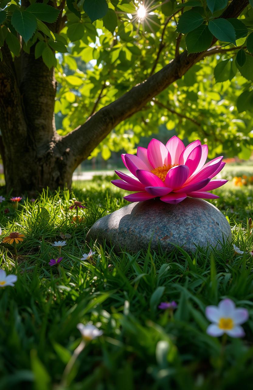 A vibrant blooming stone nestled under a lush green tree, surrounded by soft grass and colorful flowers, with sunlight filtering through the leaves creating dappled shadows on the ground, evoking a serene and peaceful atmosphere in nature