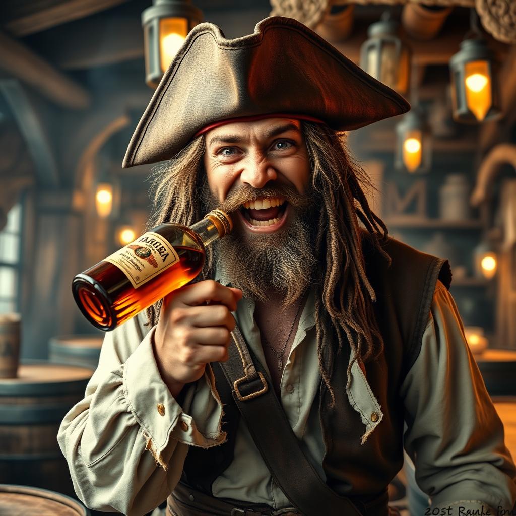 A rugged pirate thrillingly pushing a bottle of rum to his jaw, showcasing a playful and adventurous expression