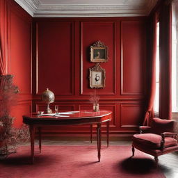 A sophisticated study room painted in opulent shades of red, embodying a timeless classic design.