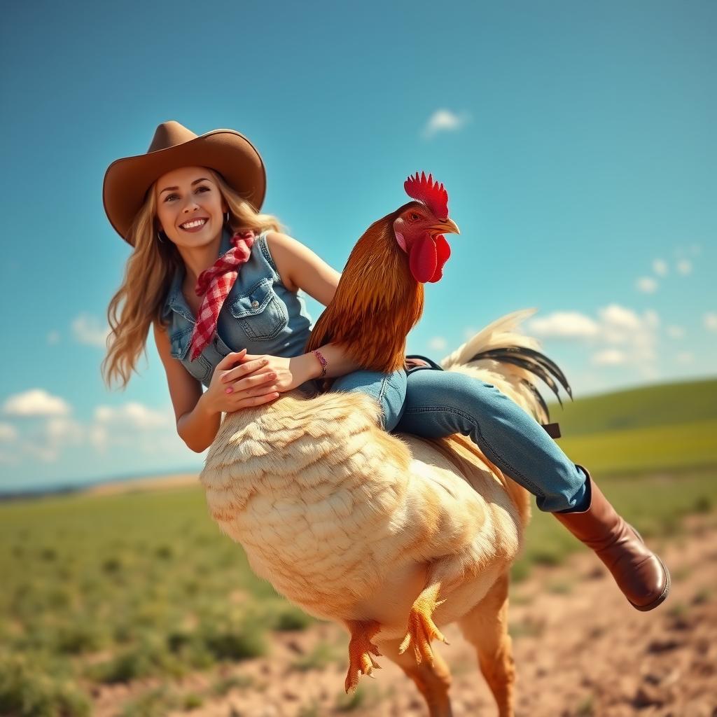 A woman dressed as a cowgirl, confidently riding and taming a chicken, showcasing her adventurous spirit