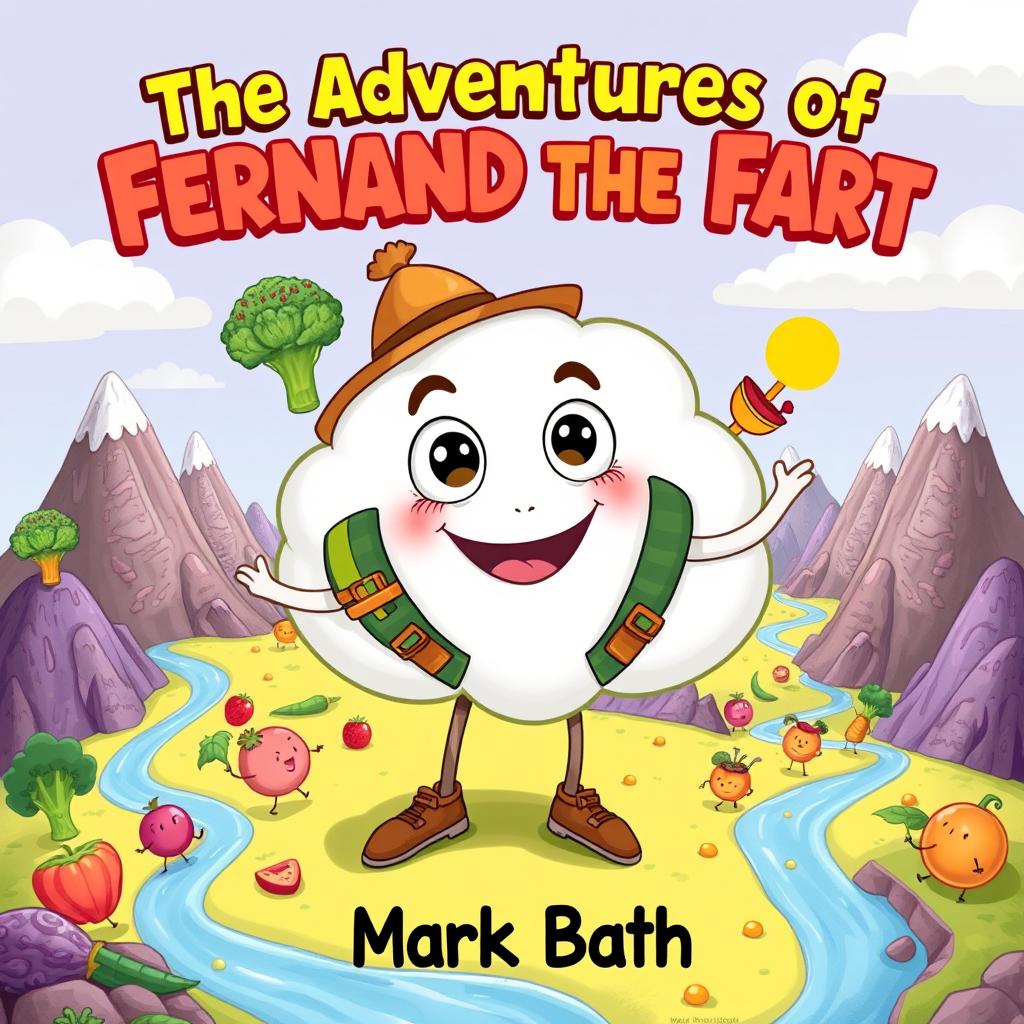 A whimsical illustration depicting a cheerful fart cloud character with large expressive eyes and a playful smile, adorned in colorful explorer gear