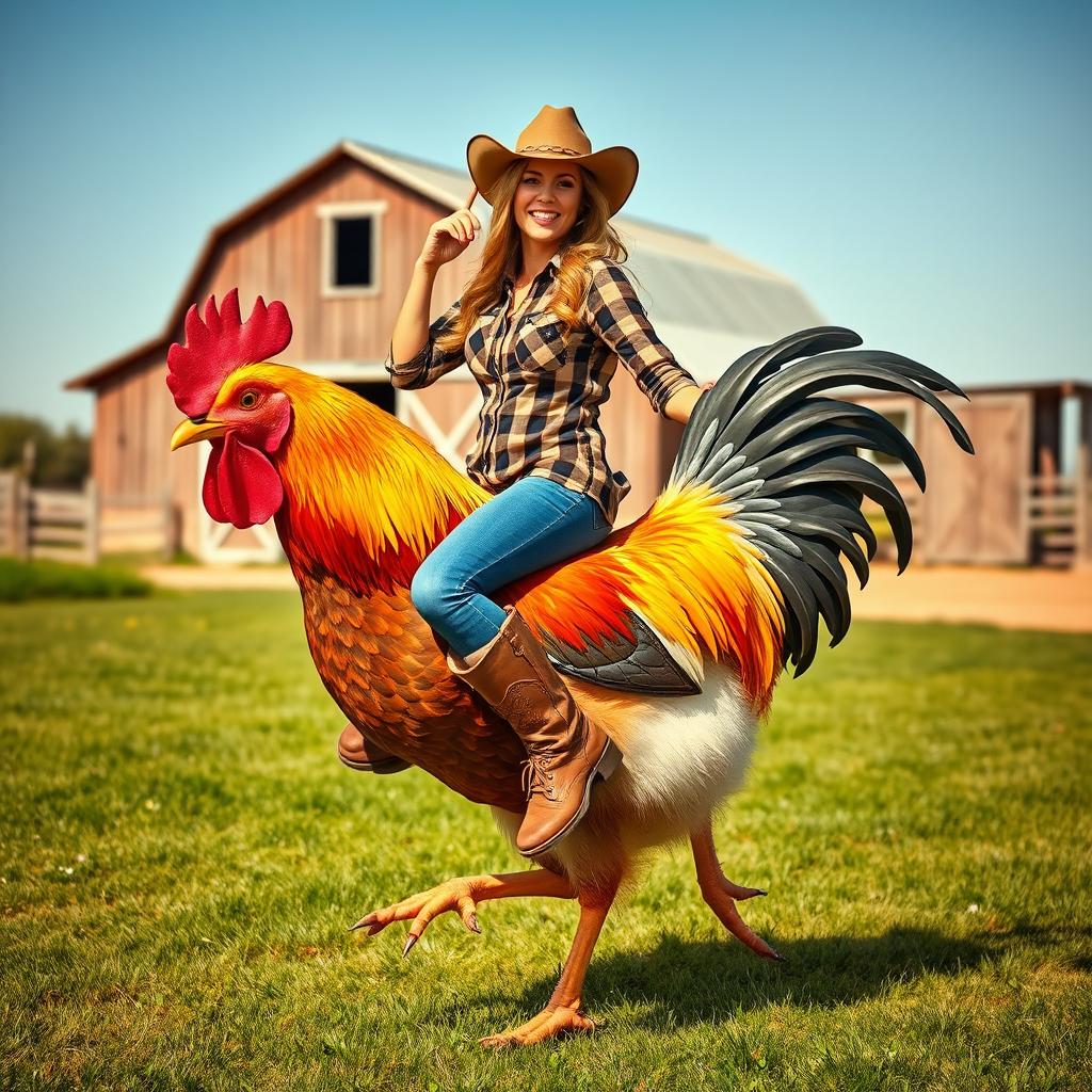 A woman dressed as a cowgirl, skillfully riding a large chicken as if taming it, exuding confidence and charm