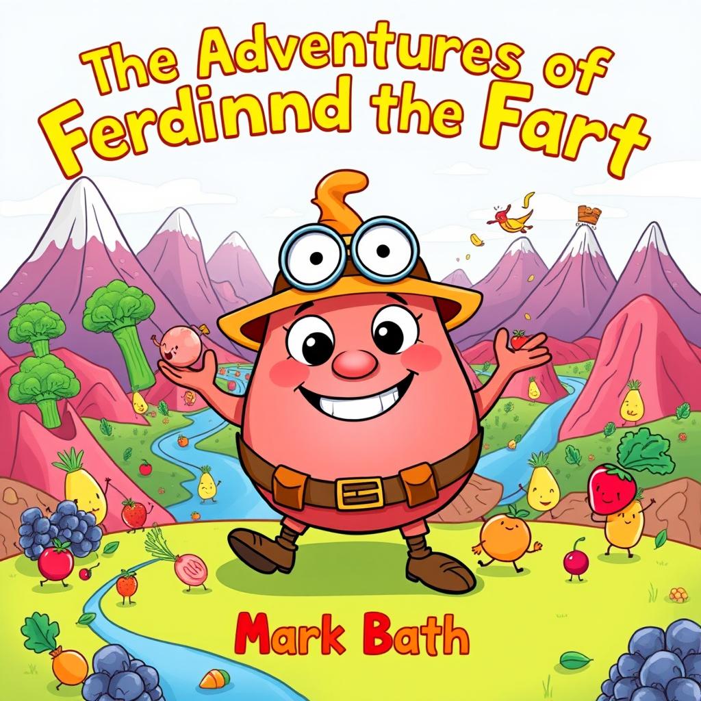 A vibrant and whimsical illustration showcasing a cheerful fart character with large, expressive eyes and a joyful smile, outfitted in explorer gear