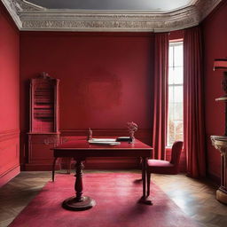 A sophisticated study room painted in opulent shades of red, embodying a timeless classic design.