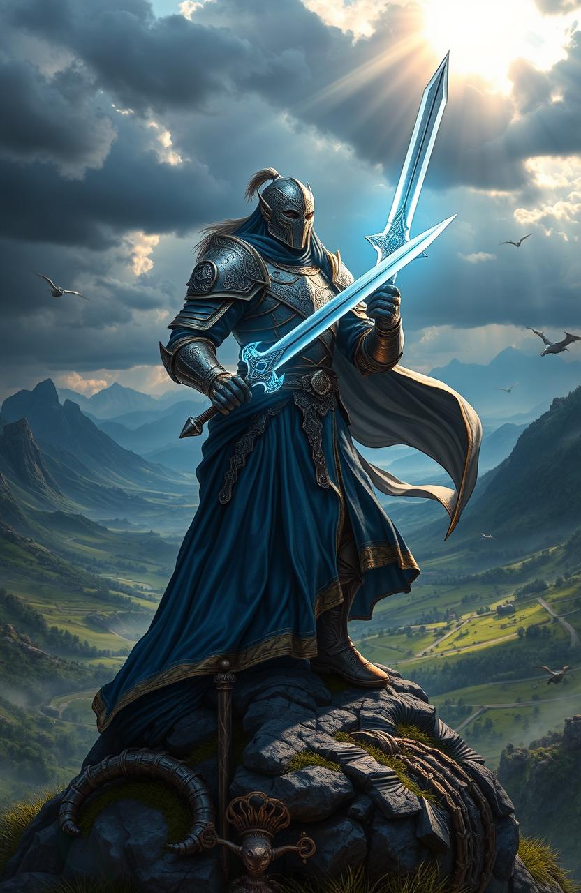 A majestic warrior known as 'The Conqueror of the Realms', standing on a hilltop overlooking a vast, enchanted landscape