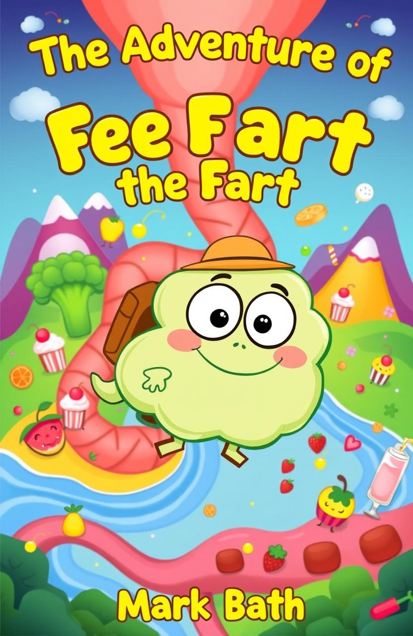 A whimsical and cheerful light green fart cloud character with big expressive eyes and a wide smile, wearing explorer gear like a tiny backpack and a hat, is set against a colorful and imaginative digestive landscape