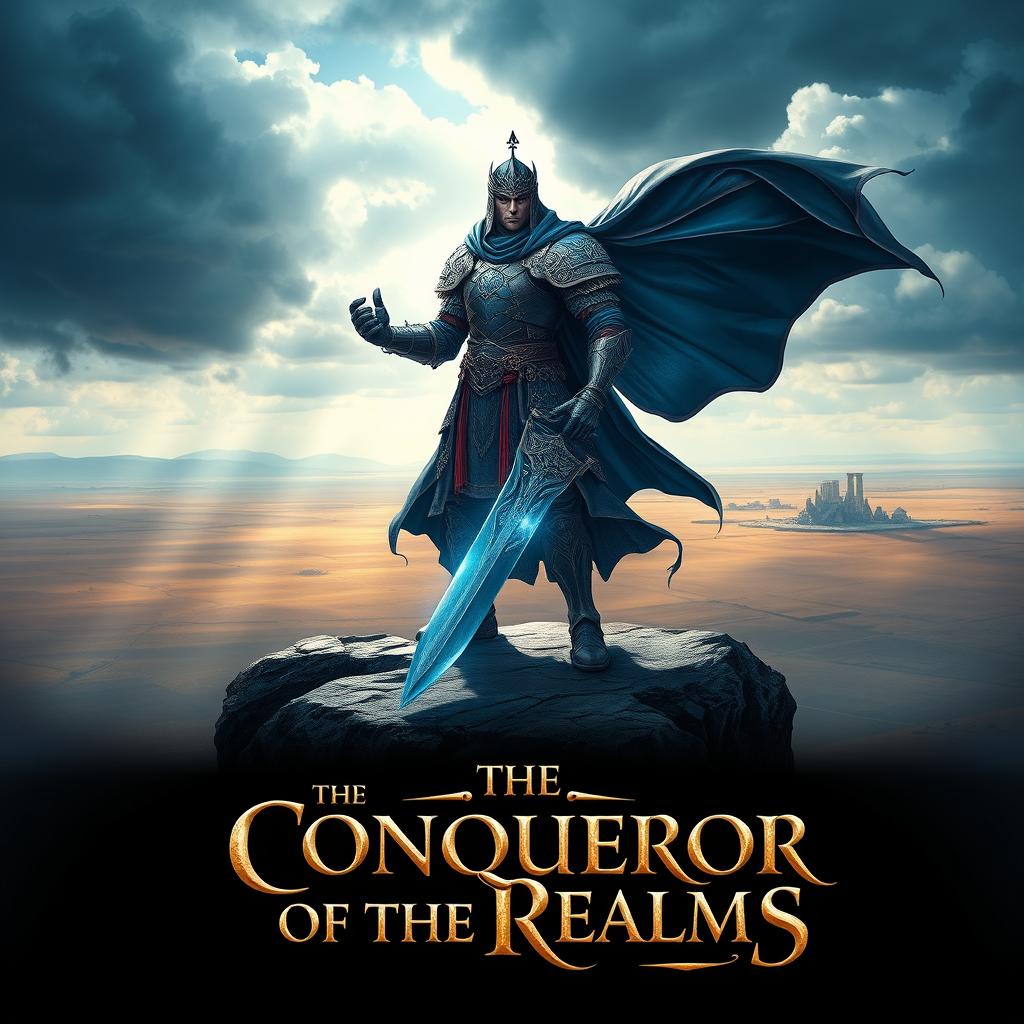 A majestic warrior known as 'The Conqueror of the Realms', depicted as a great conqueror standing confidently on a plateau overlooking a vast, sweeping plain