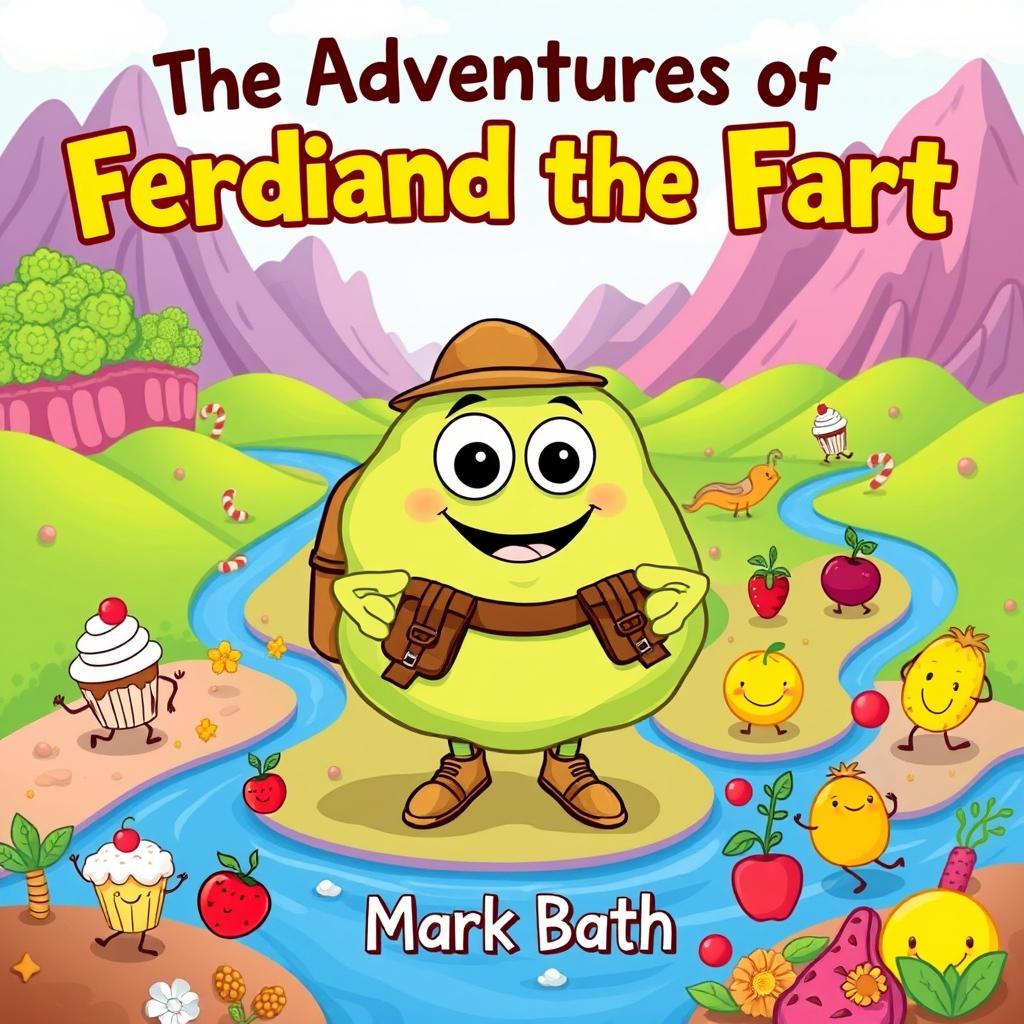 A whimsical and cheerful light green fart cloud character with big eyes and a broad smile, donned in explorer gear such as a tiny backpack and explorer hat, is set against a vivid and colorful digestive landscape