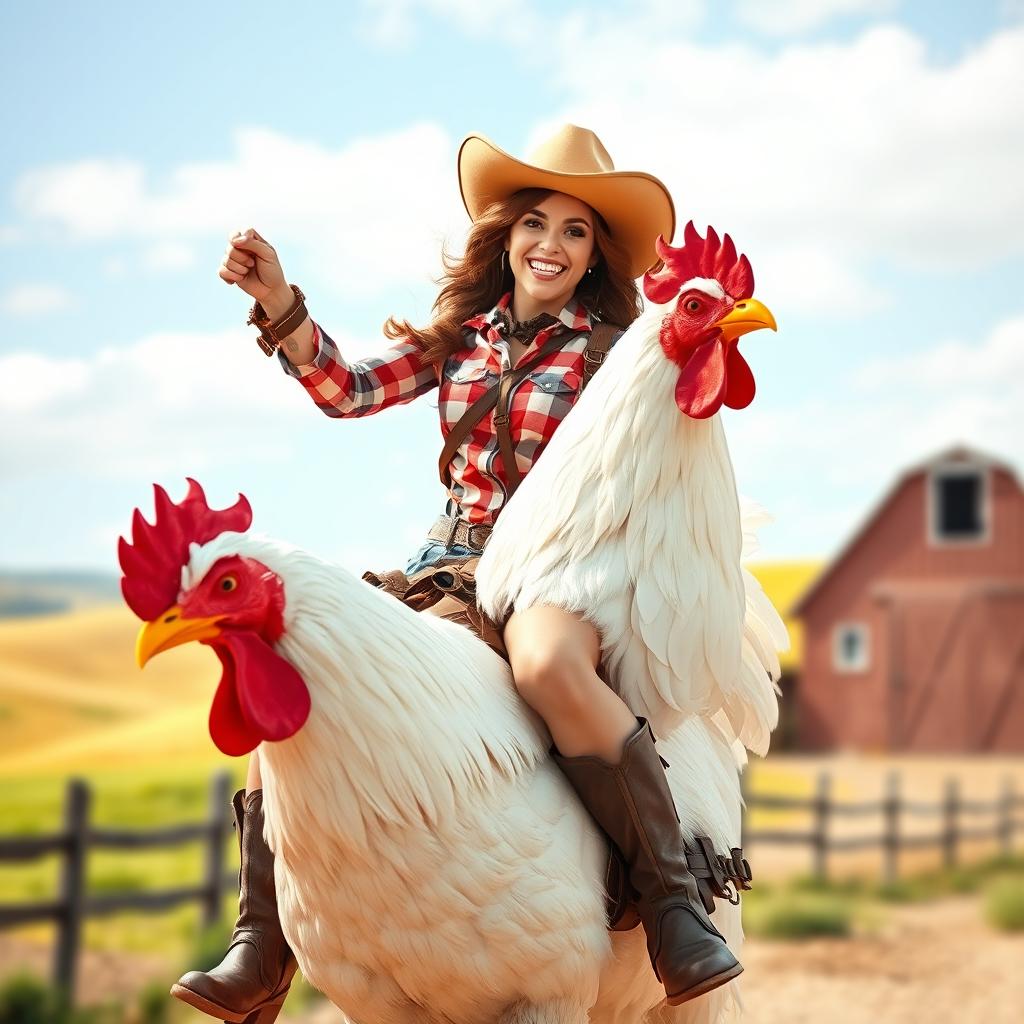 A woman dressed as a cowgirl, riding and skillfully taming a large chicken, embodying a fun and adventurous spirit