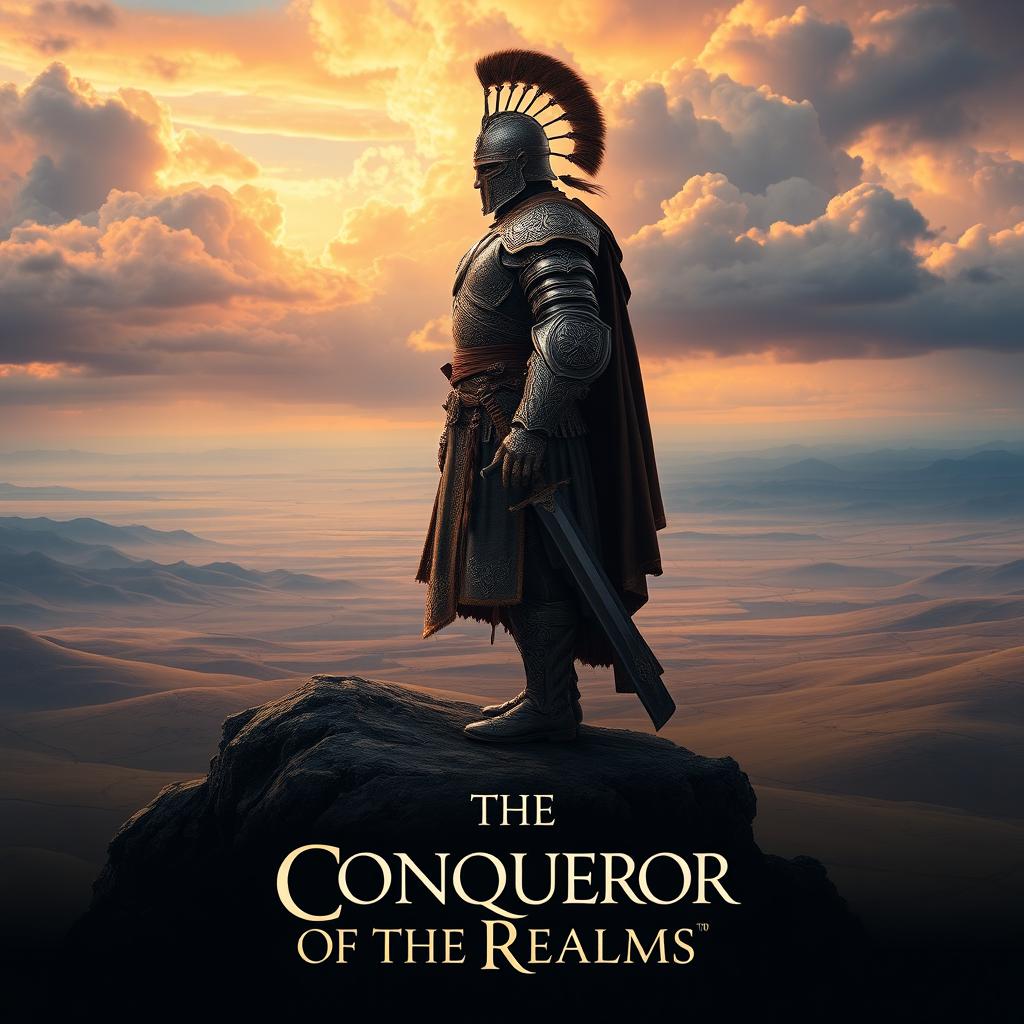 A striking side view of 'The Conqueror of the Realms', depicted as a great conqueror standing on a plateau overlooking a vast, expansive plain