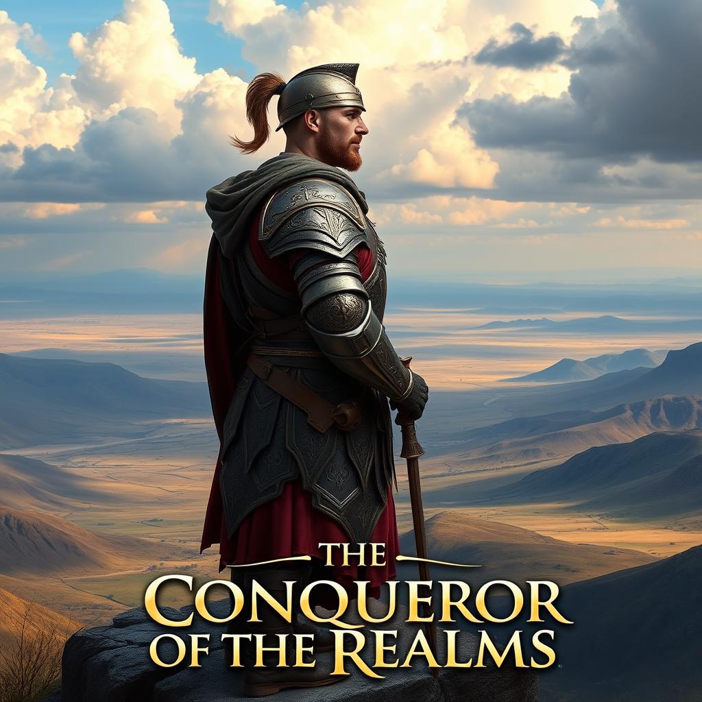 A striking side view of 'The Conqueror of the Realms', depicted as a great conqueror standing on a plateau that overlooks a vast, expansive plain