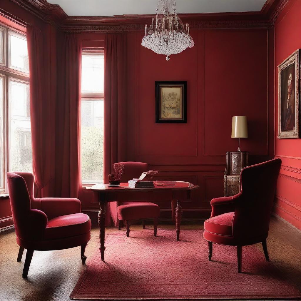 A sophisticated study room painted in opulent shades of red, embodying a timeless classic design.