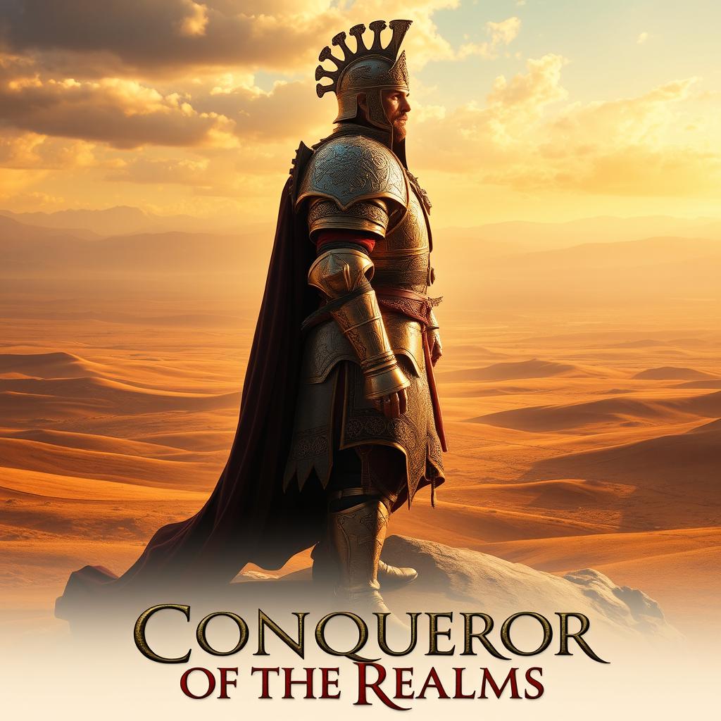 A powerful side view of 'The Conqueror of the Realms', featuring a great conqueror standing majestically on a plateau overlooking a vast, open plain