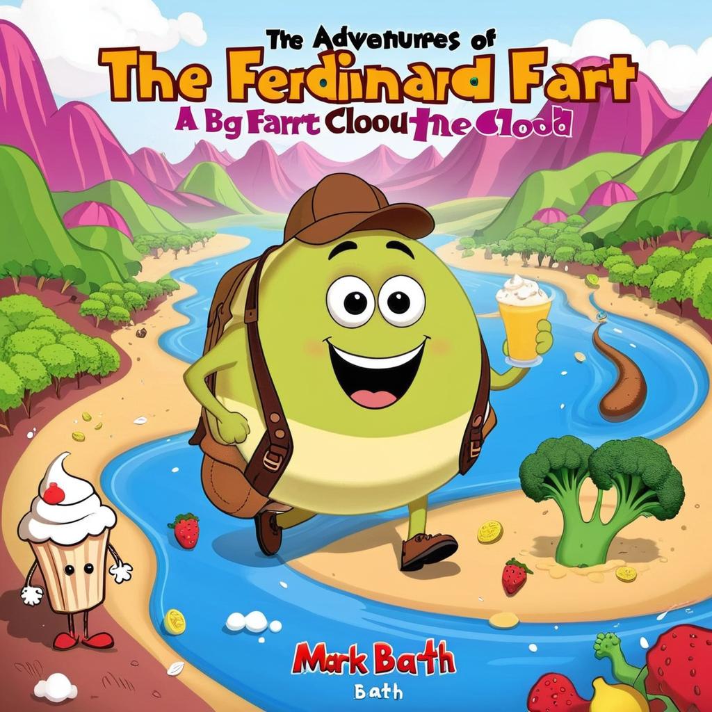 **Title:** The Adventures of Ferdinand the Fart  
**Author:** Mark Bath  

**Imagery:** A cheerful light green fart cloud character with big eyes, a smile, and explorer gear in a colorful digestive landscape with broccoli mountains and milkshake rivers. Add whimsical foods dancing around.  

**Text:** Playful title at the top, smaller fun author name at the bottom.  

**Feel:** Fun, adventurous, and humorous!