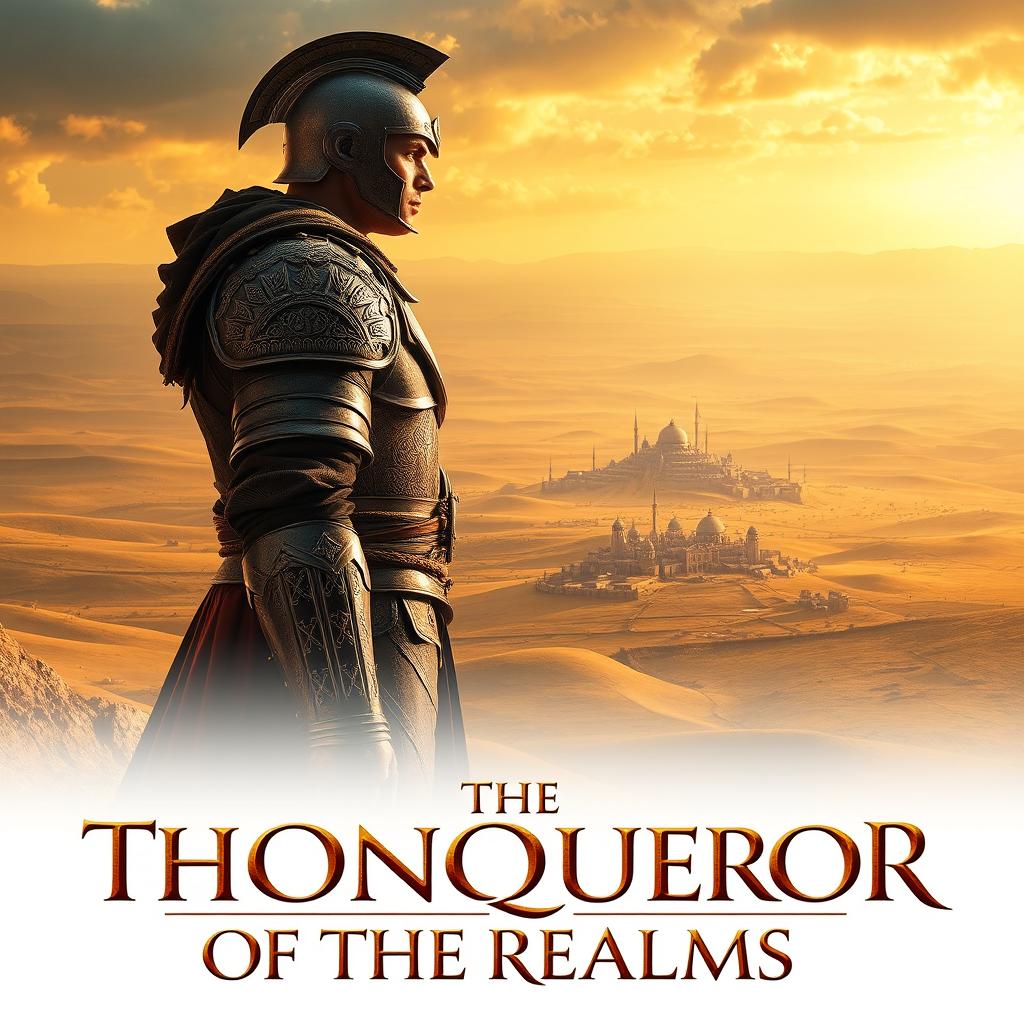 A powerful side view of 'The Conqueror of the Realms', showcasing a great conqueror standing on a plateau