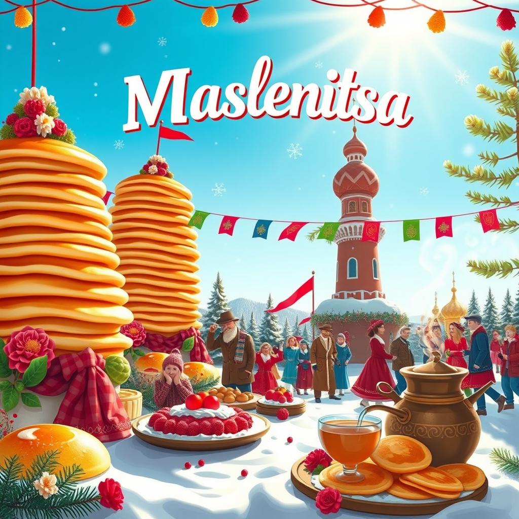 A festive background for Maslenitsa celebrations, filled with colorful pancakes stacked high, golden and fluffy