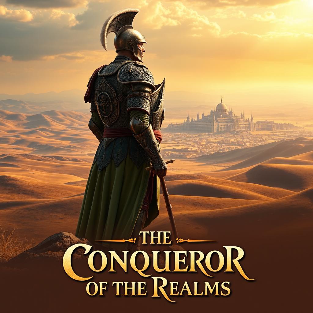 A dynamic side view of 'The Conqueror of the Realms', portraying a great conqueror dressed in ornate Imperial armor, standing confidently on a plateau
