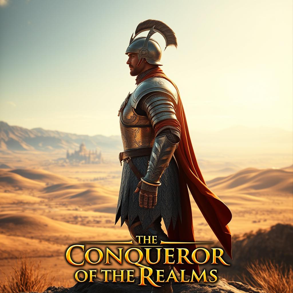 A striking side view of 'The Conqueror of the Realms', depicting a great conqueror clad in elaborate Imperial armor, standing on a plateau