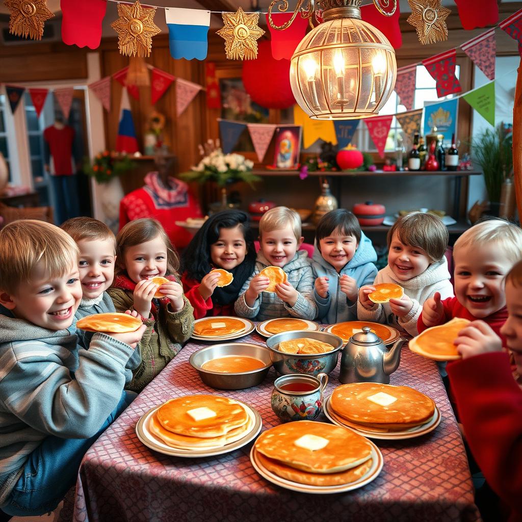 A festive Maslenitsa celebration scene inside a cozy indoor setting