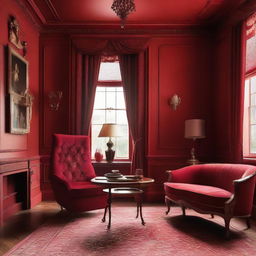 A sophisticated study room painted in opulent shades of red, embodying a timeless classic design.