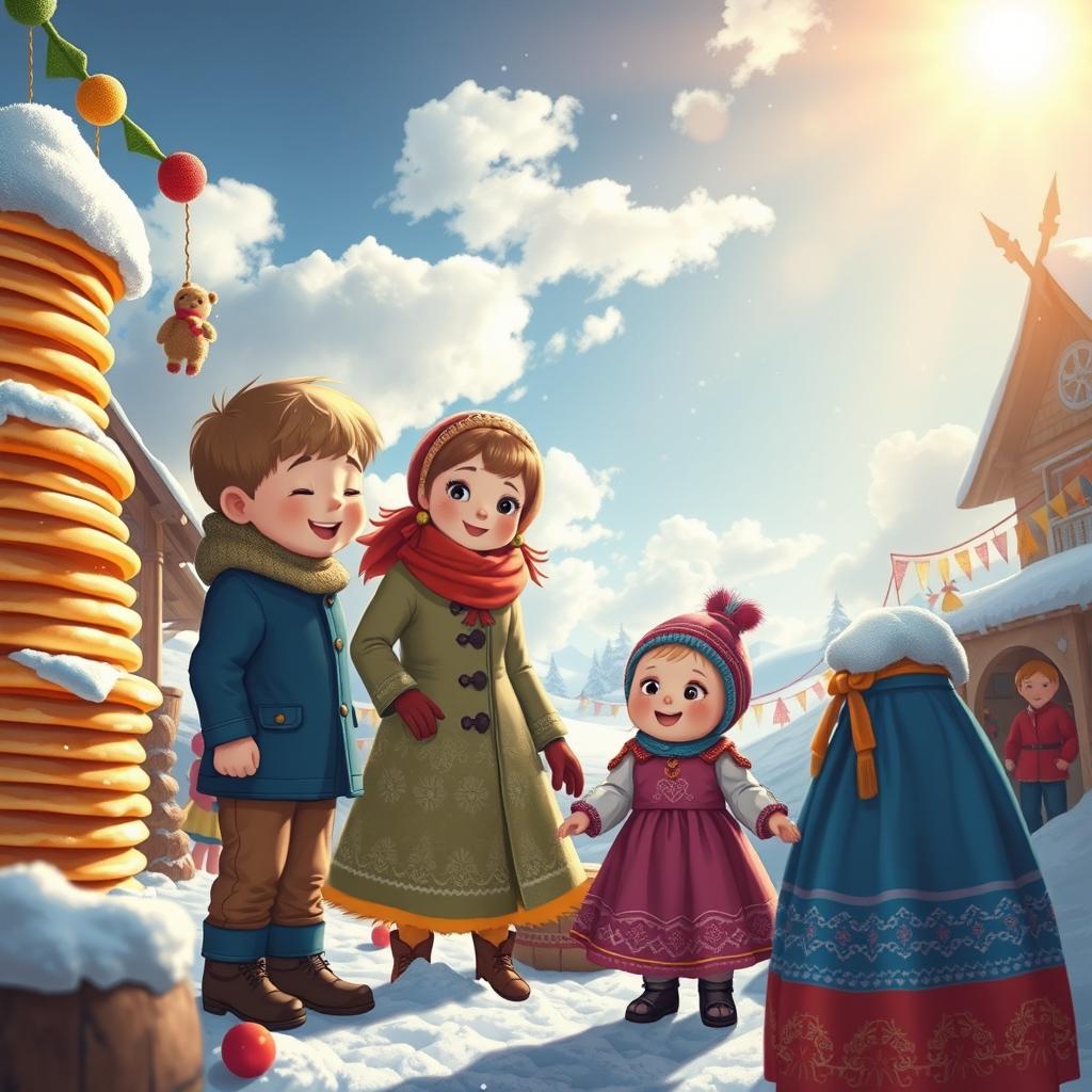 A charming scene depicting a boy named Vanya and a girl named Masha inviting their mother and a small child to embark on an exciting adventure in a vibrant, immersive Maslenitsa fairytale