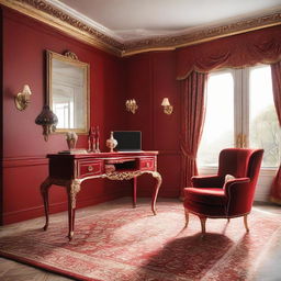 An elegant study room featuring a combination of classic red and gold colours, accentuating a timeless and luxurious aesthetic.