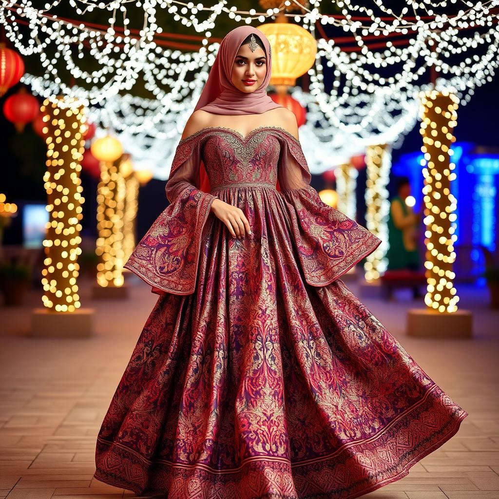 A stunning Arabic dress designed for Eid, tailored with luxurious fabric featuring intricate patterns and vibrant colors depicting traditional Middle Eastern designs