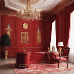 An elegant study room featuring a combination of classic red and gold colours, accentuating a timeless and luxurious aesthetic.