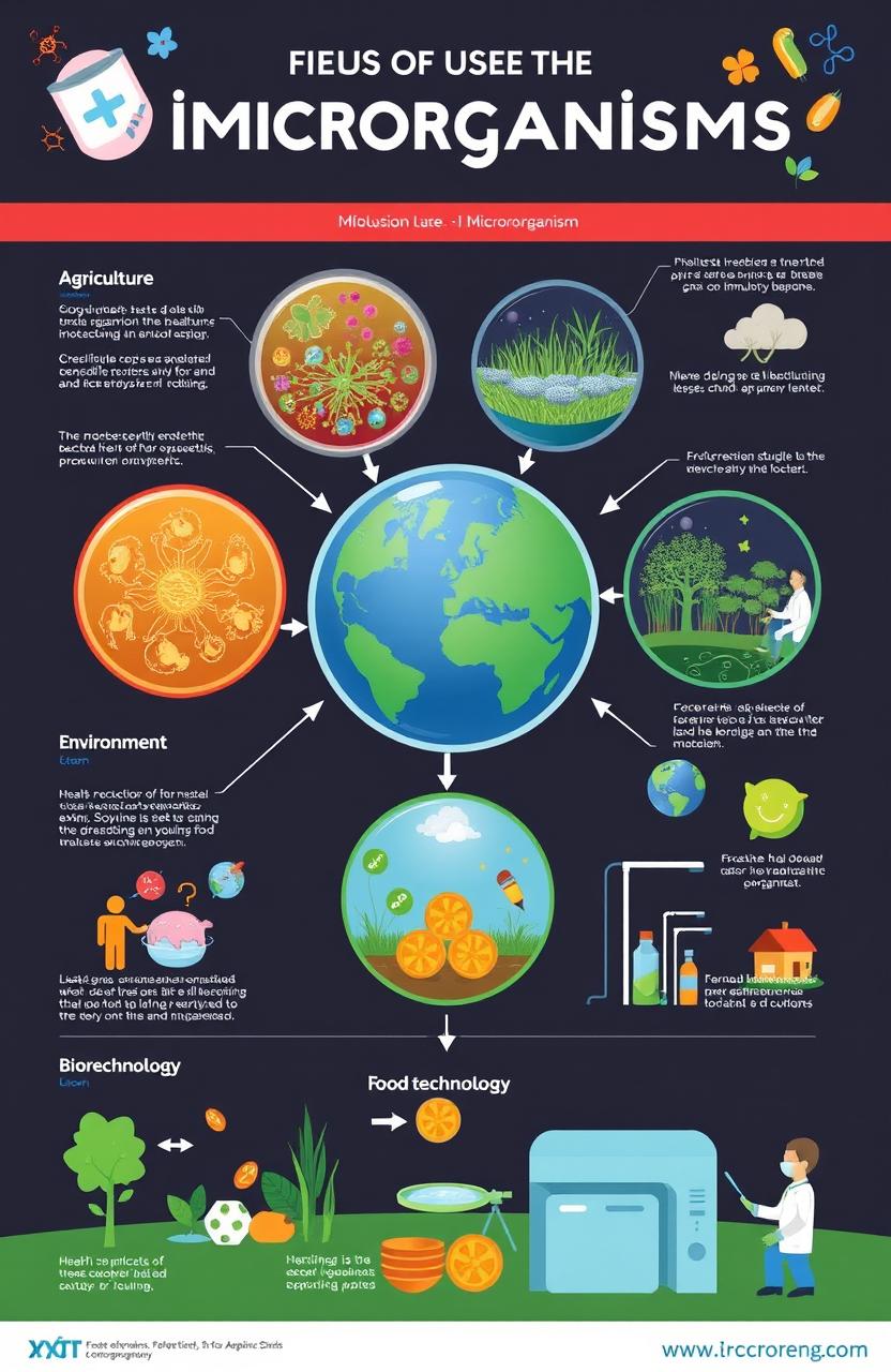 A detailed infographic illustrating the various fields of use of microorganisms, including healthcare, agriculture, environment, food production, and biotechnology