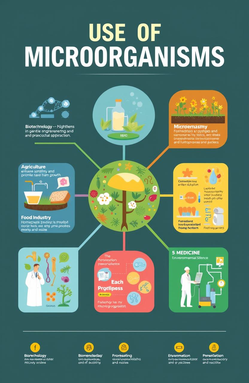 A visually engaging infographic showcasing the diverse fields of use of microorganisms in modern applications