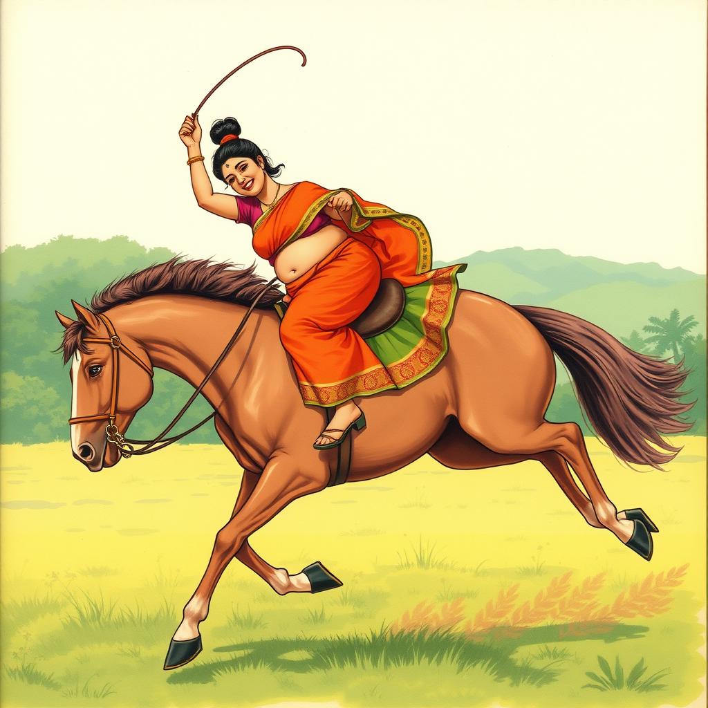 A plus size Bengali woman with a hair bun, wearing a vibrant traditional saree that exposes her midriff, confidently riding a bucking horse
