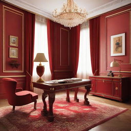 An elegant study room featuring a combination of classic red and gold colours, accentuating a timeless and luxurious aesthetic.