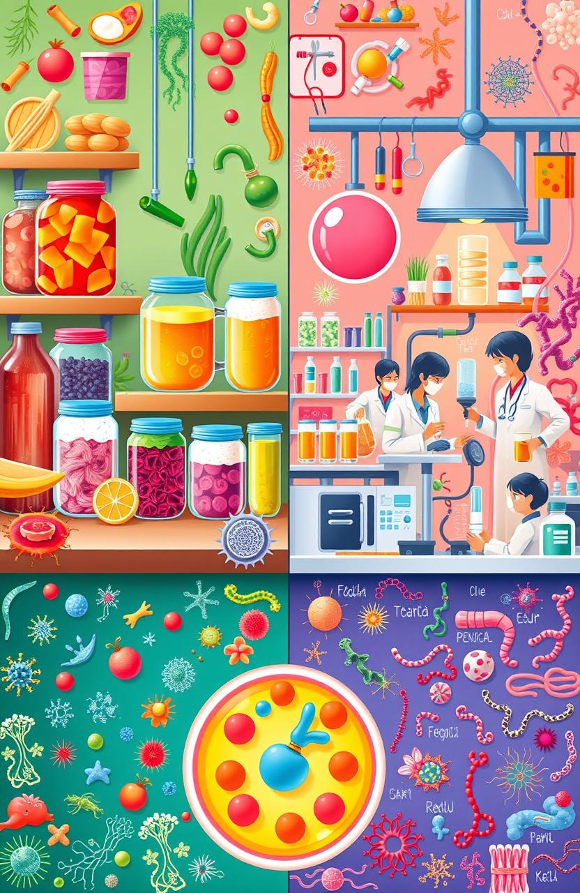 A visually rich illustration showcasing the diverse roles of microorganisms in both the food industry and medical field