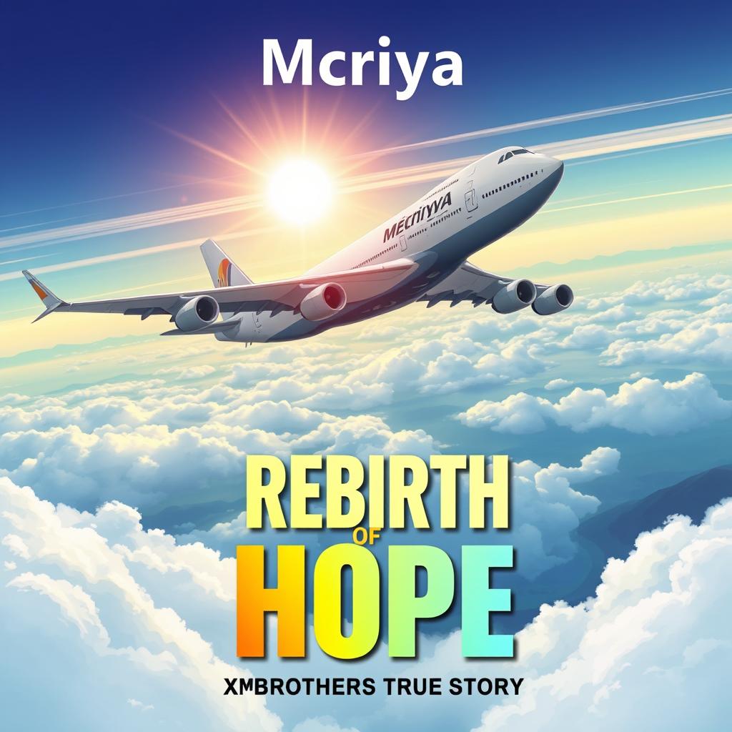 An artistic illustration featuring a majestic cargo aircraft named 'Mriya' soaring through the sky, its massive wingspan and cargo bay visible