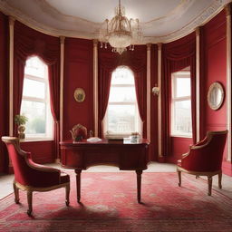 An elegant study room featuring a combination of classic red and gold colours, accentuating a timeless and luxurious aesthetic.