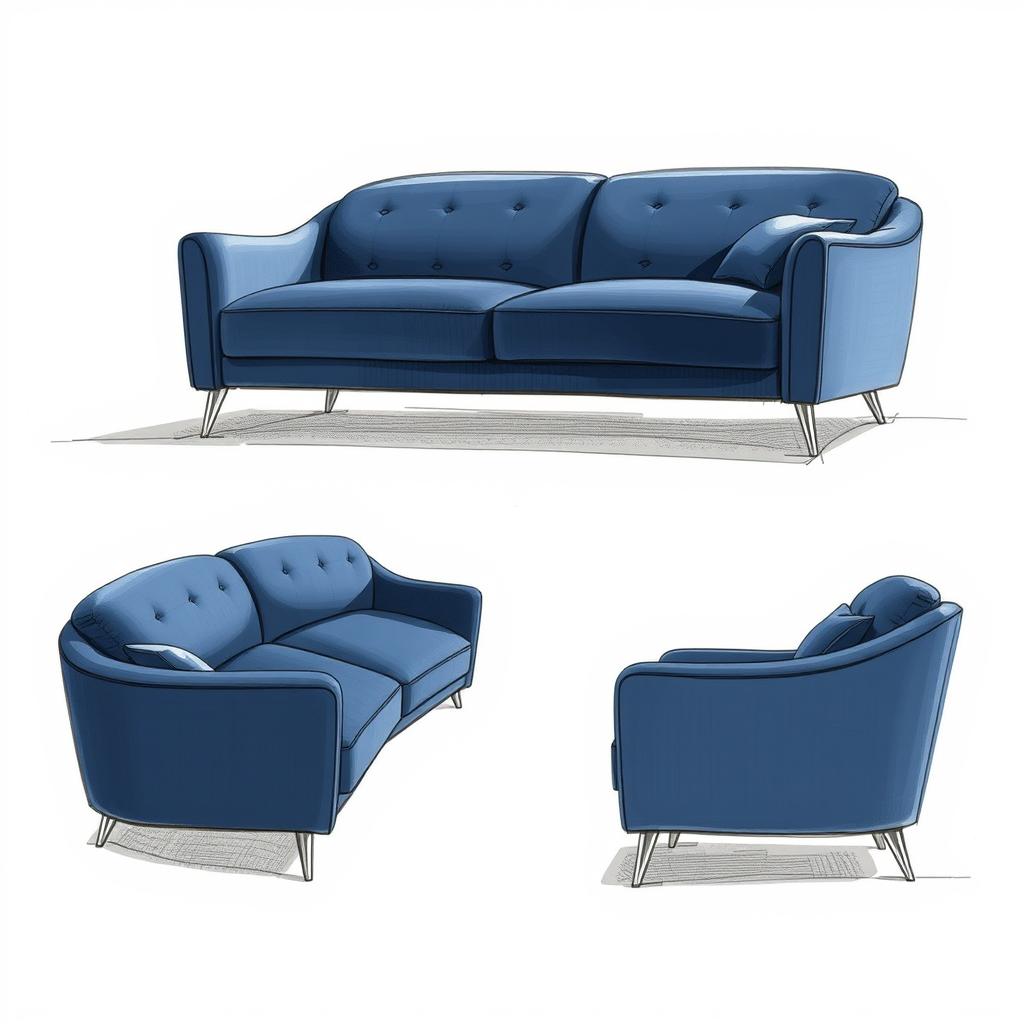 A collection of detailed sketches showcasing a modern sofa from various angles: a top view, left side view, and right side view