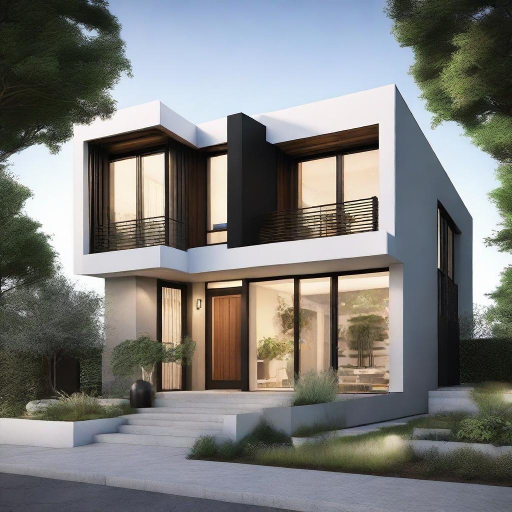 Generate a detailed image of a three-story house from the exterior, showcasing modern architectural design and fanning gardens.