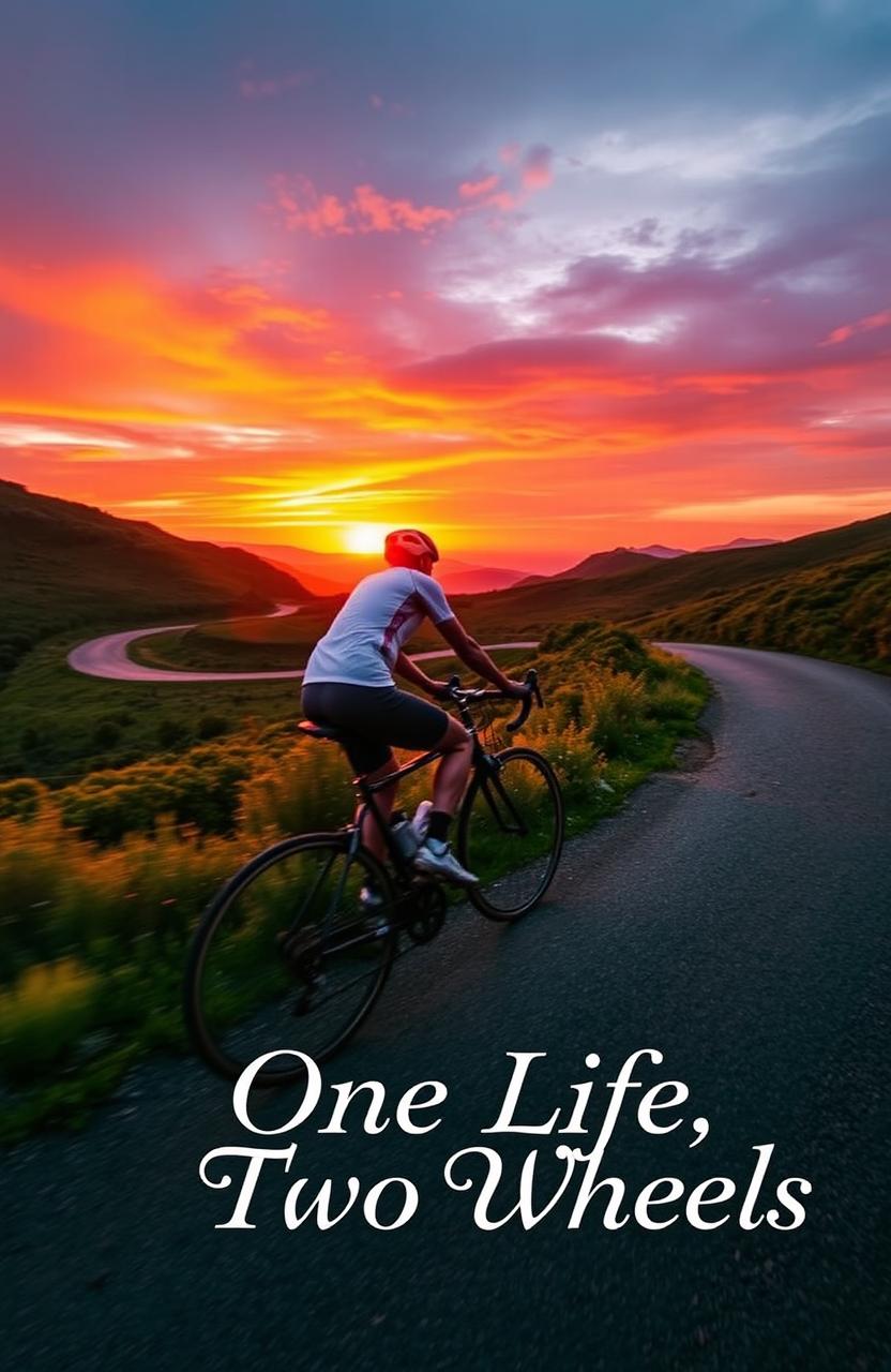 A scenic view featuring a cyclist riding along a winding path, with a vibrant sunset in the background showcasing hues of orange, pink, and purple