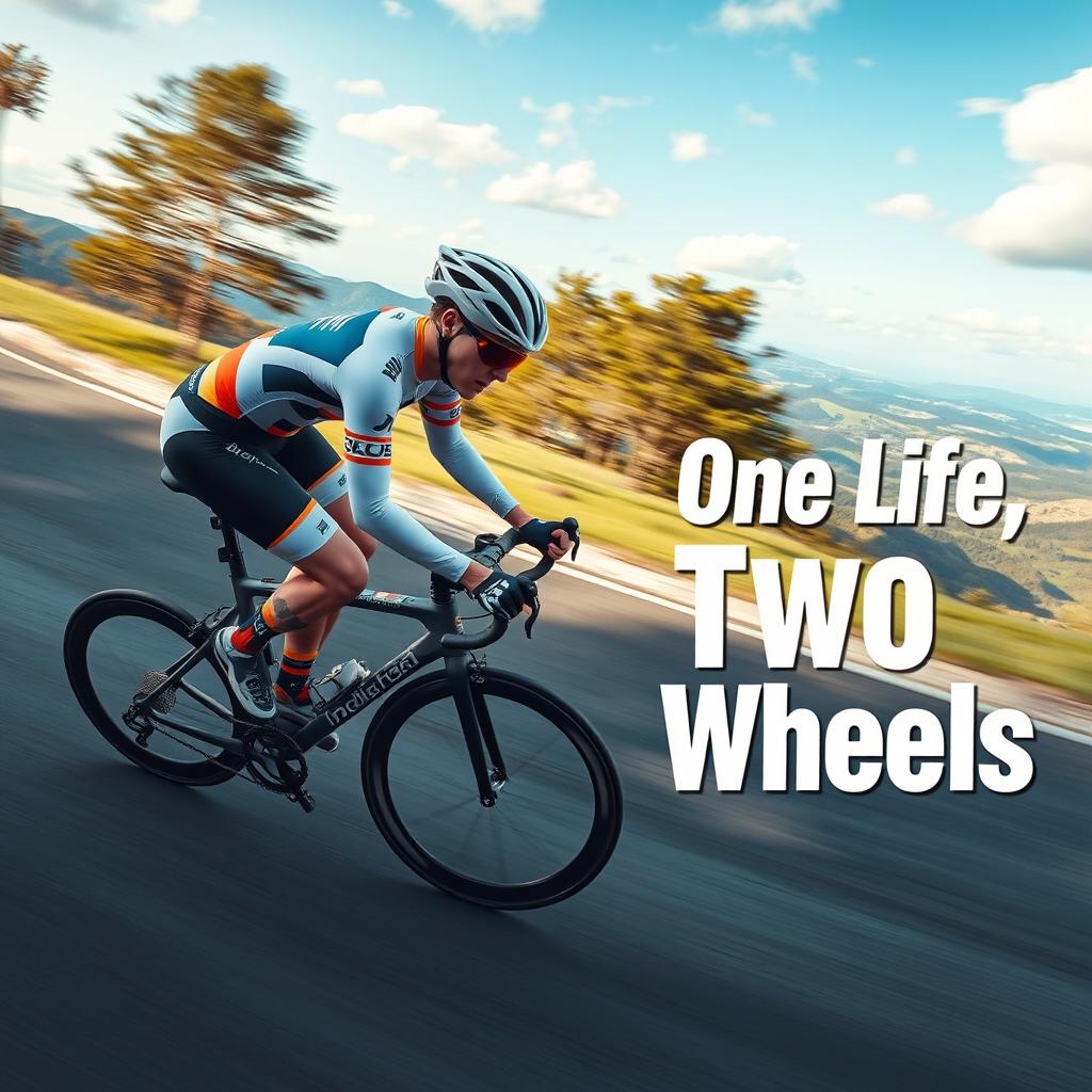 A dynamic image of a cyclist racing at high speed on a smooth, winding road, exuding energy and determination