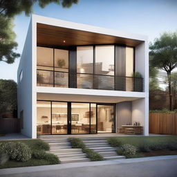 Generate a detailed image of a three-story house from the exterior, showcasing modern architectural design and fanning gardens.