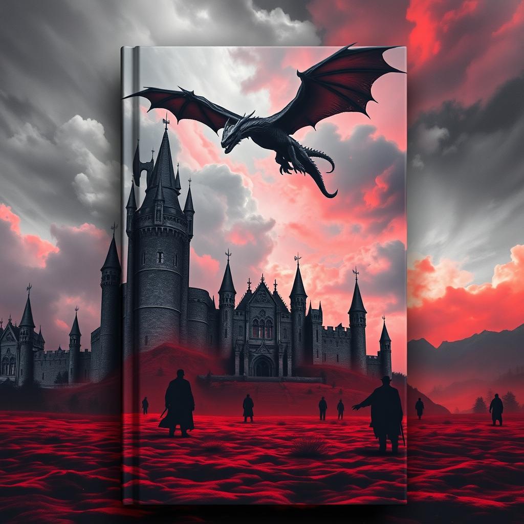 A captivating fantasy book cover featuring a majestic medieval castle set against a dramatic sky of swirling shades of gray and fiery red