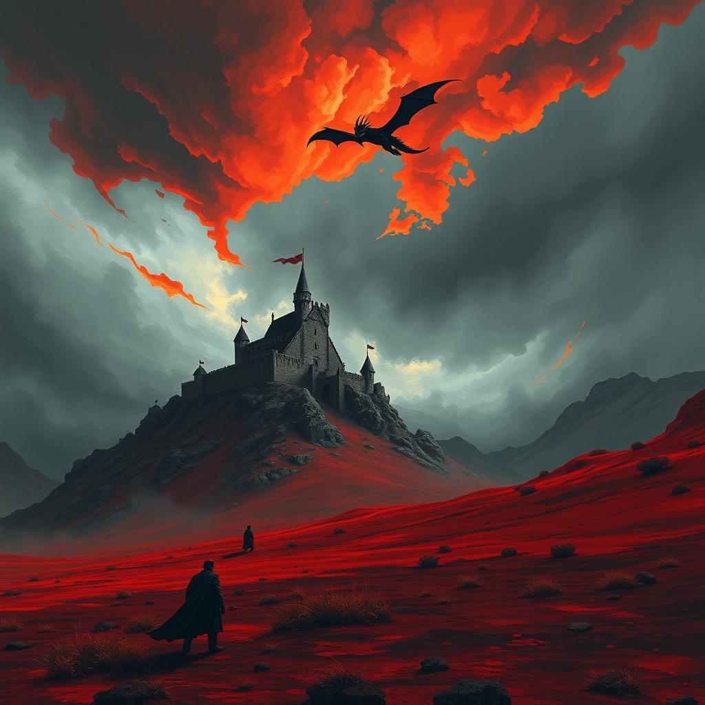A stunning fantasy scene featuring a medieval castle perched atop a rugged hill, under a turbulent sky painted in dramatic shades of gray and fiery red