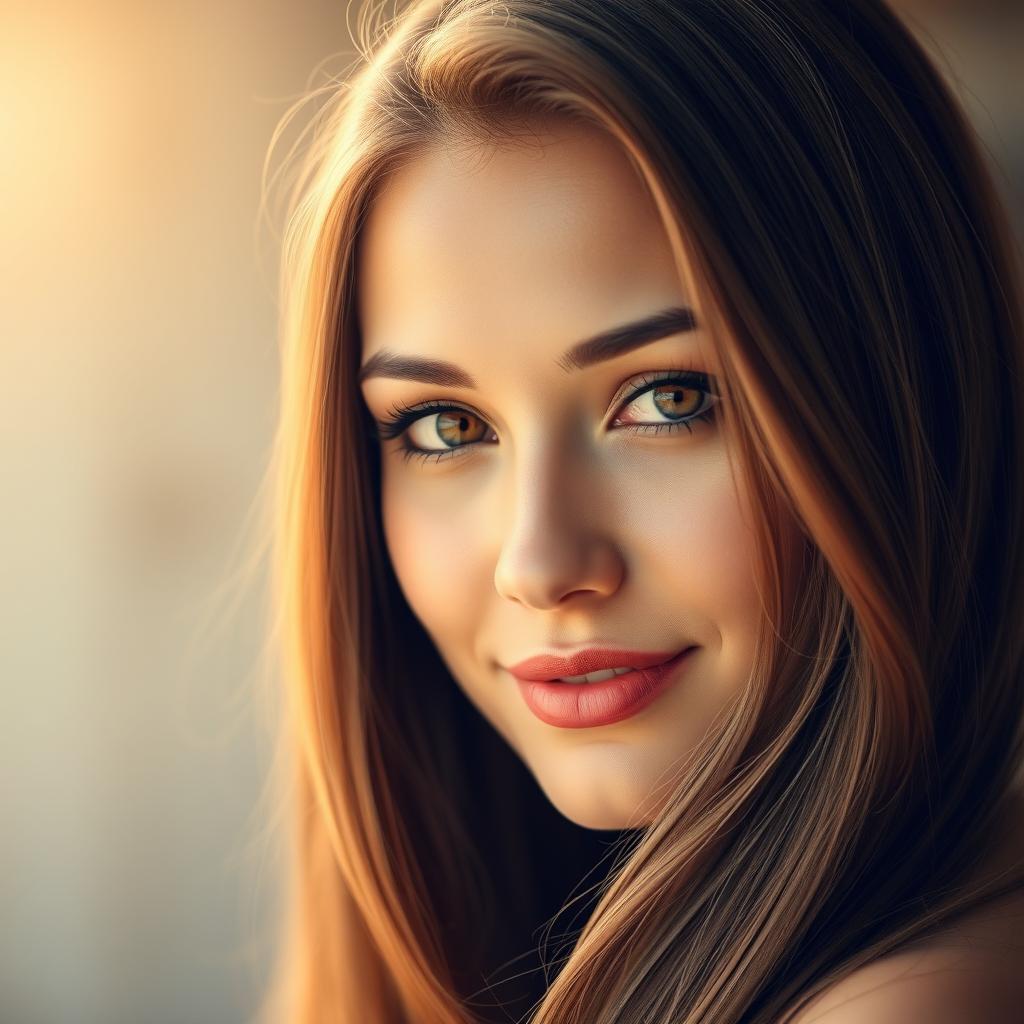 A portrait of a beautiful woman with long, flowing hair that elegantly covers her ear, creating a soft and serene look