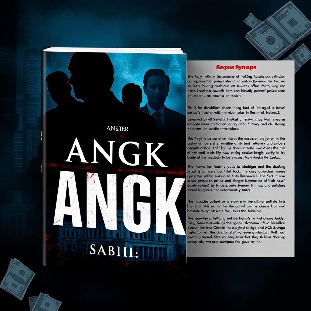 Design a striking book cover for a novel titled "ANGKA" by author Sabir Laluhu, centered around a monumental corruption case that shocks a nation involving politicians, members of parliament, powerful palace officials, and wealthy entrepreneurs