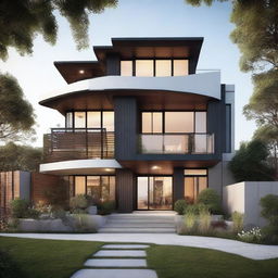 Generate a detailed image of a three-story house from the exterior, showcasing modern architectural design and fanning gardens.