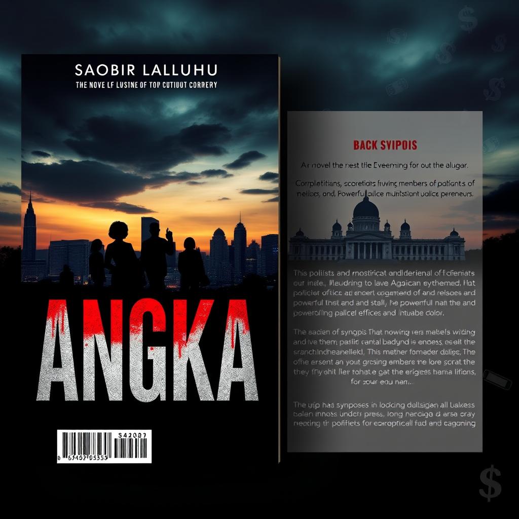 Create an engaging book cover design for a novel titled "ANGKA" by Sabir Laluhu, centered around a significant corruption scandal involving corrupt politicians, members of parliament, powerful palace officials, and influential entrepreneurs